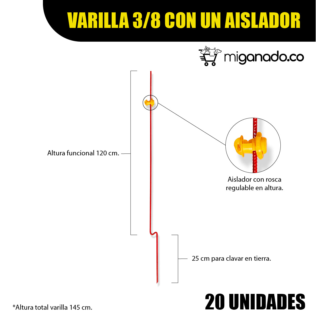 Varilla 3/8 con un aislador regulable